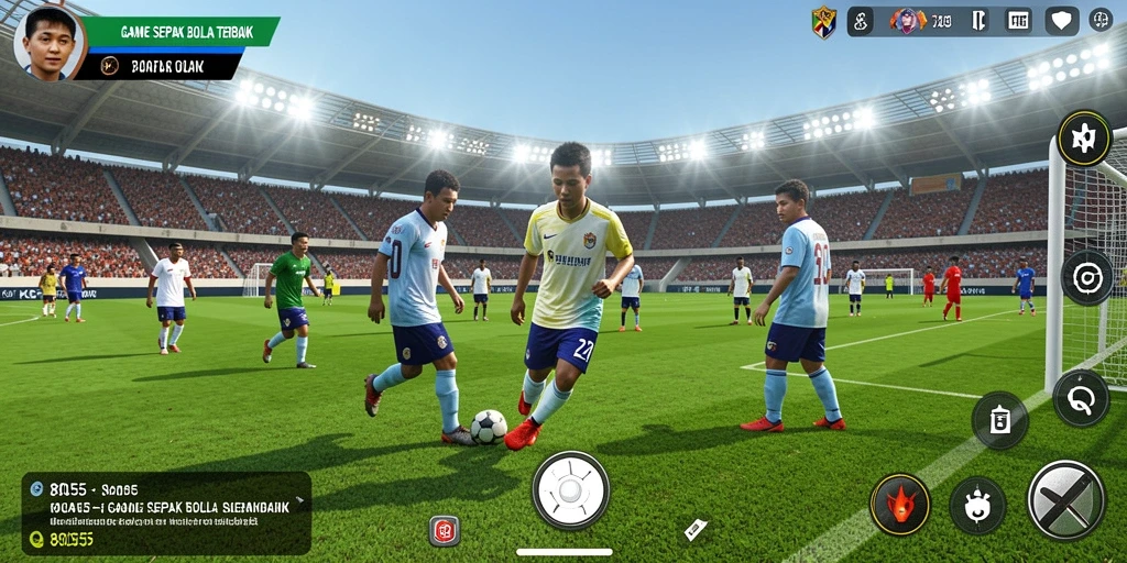 Screenshot utama 8055 menampilkan suasana pertandingan sepak bola yang intens.