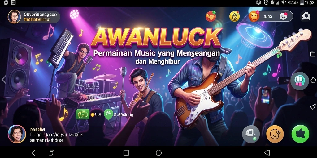 Screenshot menunjukkan gameplay seru dalam AWANLUCK yang melibatkan musik dan tantangan.