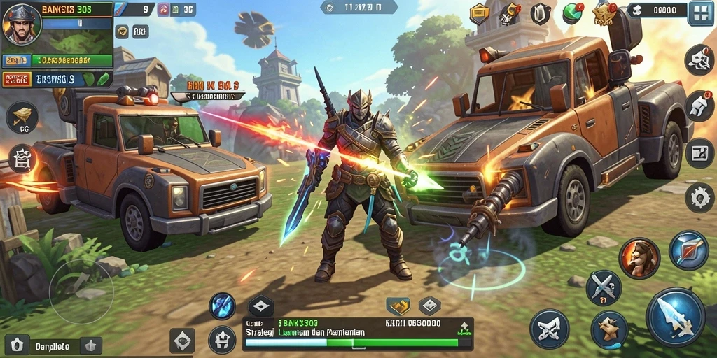 Screenshot BANK303 menampilkan strategi pertempuran dalam gameplay SLG.