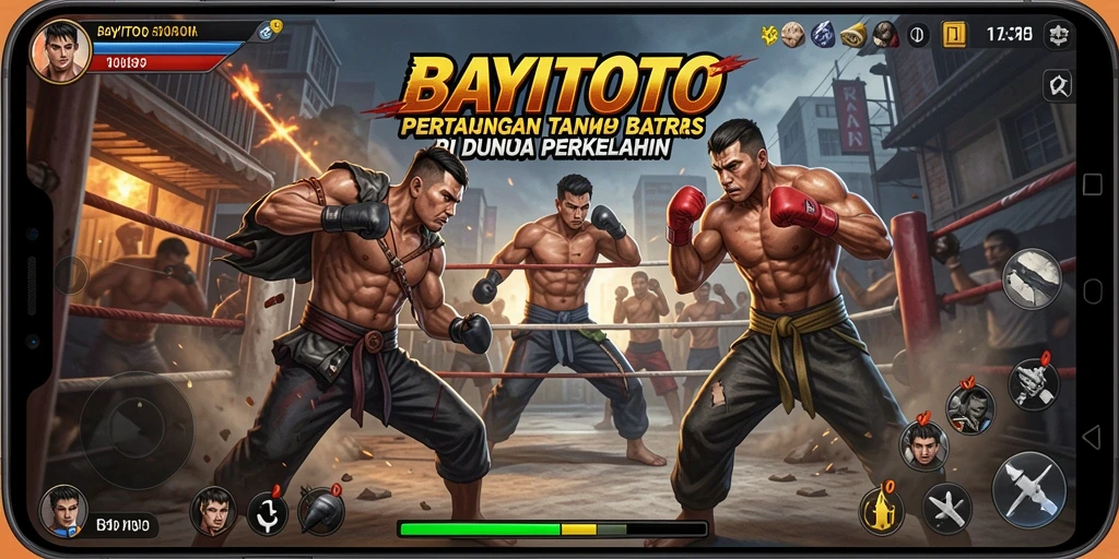 Tangkapan layar gameplay BAYITOTO dengan karakter bertarung di arena.