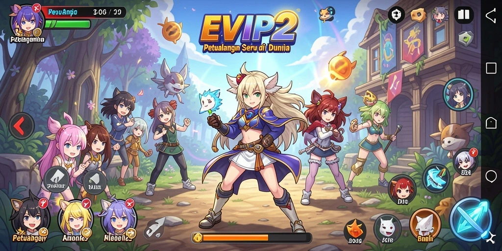 Tangkapan layar dari gameplay <strong>EVIP2</strong> yang menampilkan karakter Anime yang ikonik.