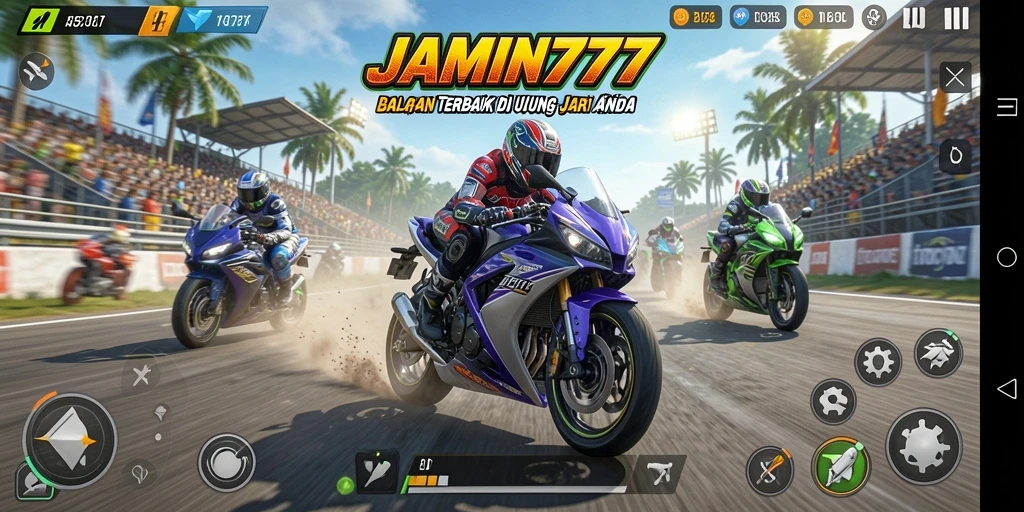 Screenshot menampilkan aksi balapan motor dalam <strong>JAMIN777</strong> yang mendebarkan.