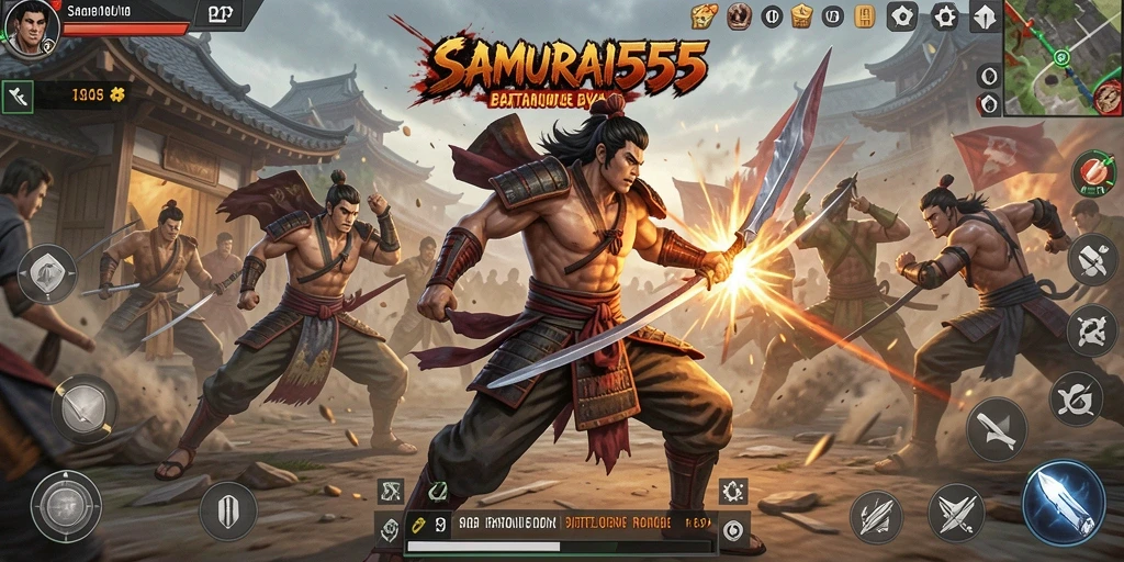 Screenshot gameplay SAMURAI555 menampilkan aksi intens dalam Battle Royale.