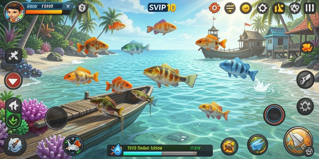Screenshot gameplay SVIP10 menampilkan aksi seru saat menangkap ikan.