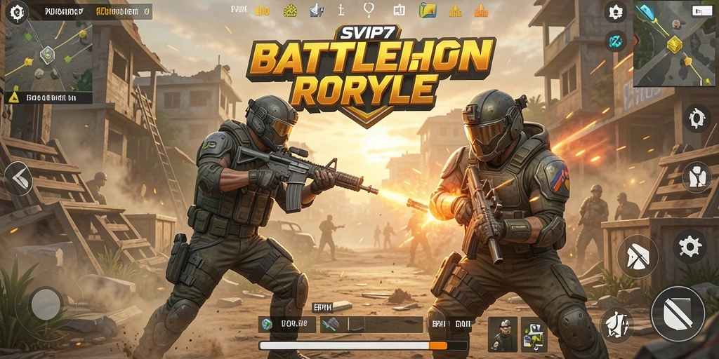 Screenshot utama SVIP7 menampilkan aksi seru dalam pertempuran Battle Royale.